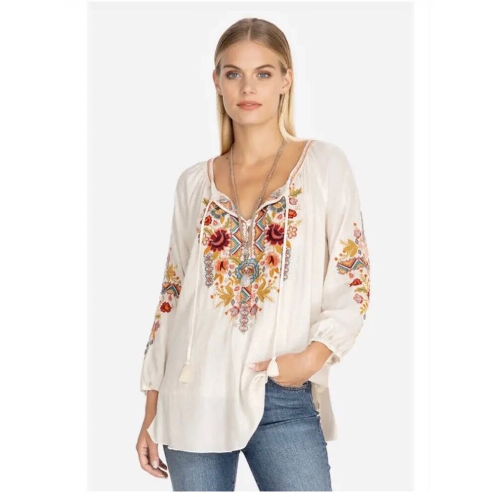 jOHNNY WAS Clansy Peasant Blouse Floral Embroidery Cream Size Small